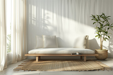 Scandinavian apartment living room with a minimalist design in beige, gray, and white tones, accentuated by soft morning light and wooden textures.