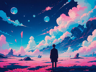 Artwork of a Surreal Dreamscape Bathed in Pink and Blue Hues with a Lone Figure Gazing at the Sky, AI Generative