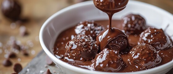 Melted hot chocolate-covered school truffles in a white glazed platter with a wooden top backdrop...