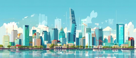 Fototapeta premium A Flat Vector Illustration of Ho Chi Minh City's Skyline, a Hub of Business and Innovation