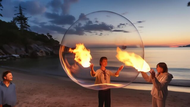 Three performers skillfully spin flaming batons inside large clear bubbles on a sandy beach at dusk. 