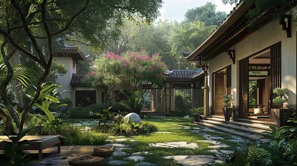 Fototapeta premium Peaceful Haven: Showcase the tranquility of a picturesque garden residence, a perfect sanctuary for rest and contemplation.