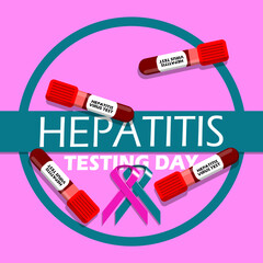 Hepatitis Testing Day event banner. Several tubes contain blood for diagnosis with campaign ribbons on light purple background to commemorate on May 19th