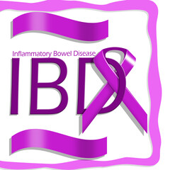 World IBD (Inflammatory Bowel Disease) Day event banner. Purple ribbon with bold text in frame on white background to commemorate on May 19th