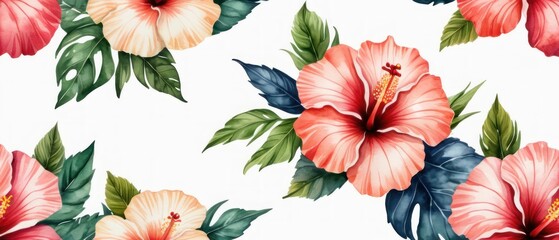 artistic background with watercolor textured hibiscus tropical flowers illustration over white background.