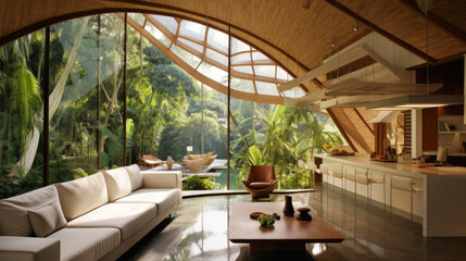 Photo of interior living room with swimming pool and trees