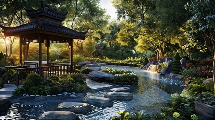 Fototapeta premium Tranquil Retreat: Showcase the serenity of a beautiful garden home, a peaceful haven for relaxation and rejuvenation.