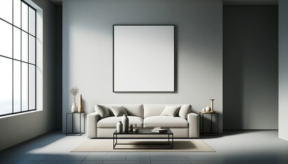 A minimalist living room featuring a blank 2_3 photo frame hanging in the center of a plain wall. The room is designed with a modern aesthetic.