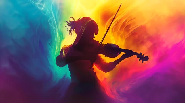 A violinist silhouette with colorful aura, spiritual music. Anime or digital painting style, looping 4k video animation background
