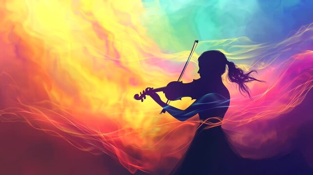 A violinist silhouette with colorful aura, spiritual music. Anime or digital painting style, looping 4k video animation background