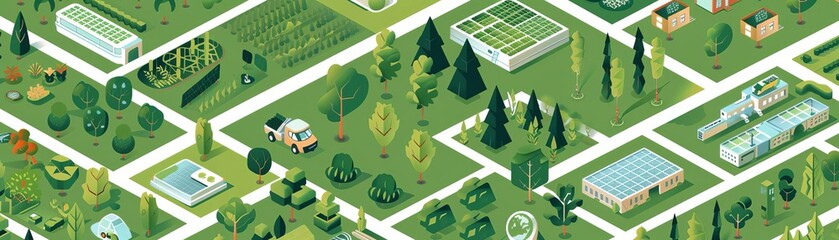 Green Infrastructure Icons Vector graphics and icon sets featuring various elements of green infrastructure, such as green roofs, rain gardens, permeable pavement, and urban forests, illustrating the