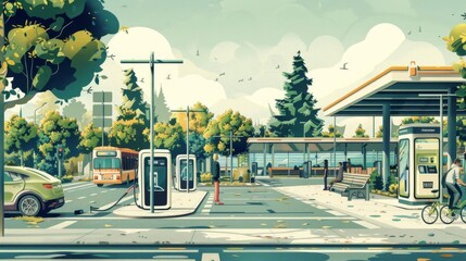 LowCarbon Transportation Hub Illustrations and digital art depicting transportation hubs designed for sustainable mobility, featuring electric vehicle charging stations, bikesharing facilities, and in