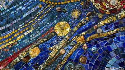 Vibrant Blue, Gold, Red Mosaic Art Piece of "Invisible City" Close-Up