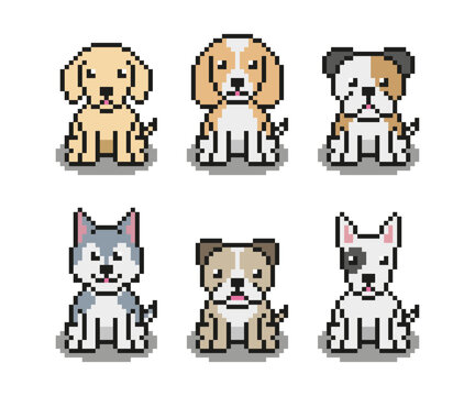 Collection pixel art dog, pet dog, vector illustration.