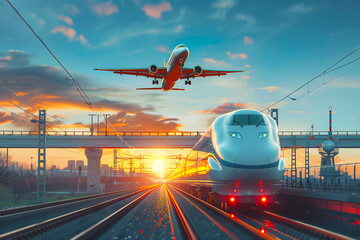 View railway track and suburban electric train rushing to the departure area airfield. Passenger plane flying in sky, landing at airport. Concept of modern infrastructure transport travel.