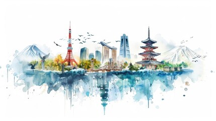 Watercolor World A series of watercolor paintings depicting iconic landmarks from around the world, each infused with the theme of water conservation and sustainability These illustrations can be used