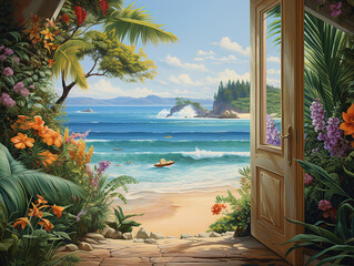 A painting of a beach with a door that says the word on it