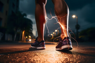 Runner feet running on road close up on shoe jog workout wellness concept. Lightning discharges sparks represent the strength and electric power of muscles, charge and experience of the athlete