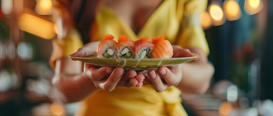 Obraz premium a beautiful woman's hands holding sushi dish