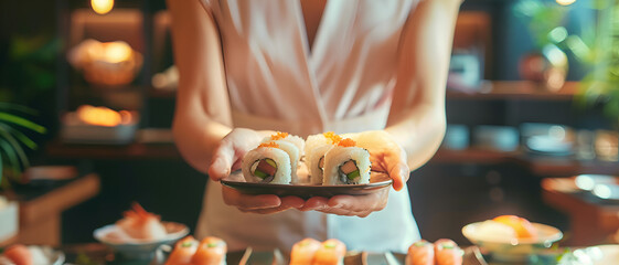 Obraz premium a beautiful woman's hands holding sushi dish