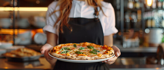Obraz premium a beautiful woman's hands holding pizza 