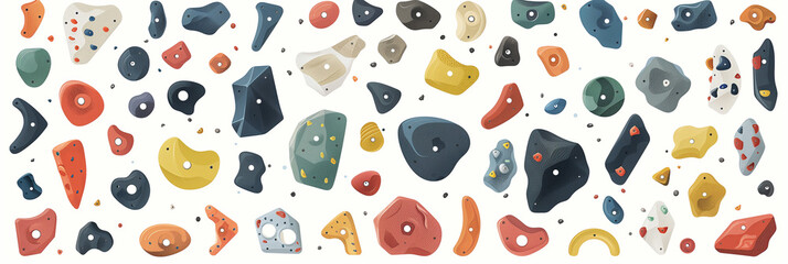 This graphic features various climbing holds depicted on a clean white background. Each climbing hold showcases different shapes, sizes, and textures, providing a comprehensive visual reference 