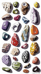 This graphic features various climbing holds depicted on a clean white background. Each climbing hold showcases different shapes, sizes, and textures, providing a comprehensive visual reference 