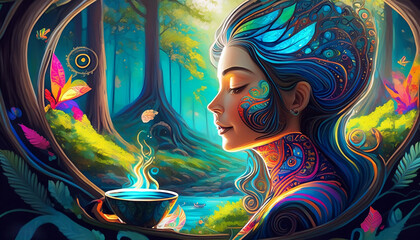 Ayahuasca, psychedelic, psychedelic tea, tea, woman, drink, spiritual, natural, Ayahuasca tea, colorful, art, illustration, transcending, hallucinatory, kaleidoscopic, consciousness-expand
