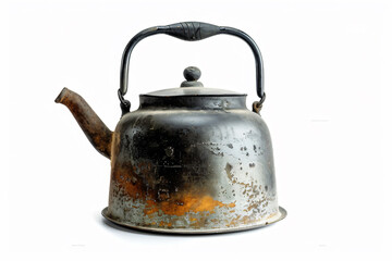 a metal tea kettle with a handle on a white surface