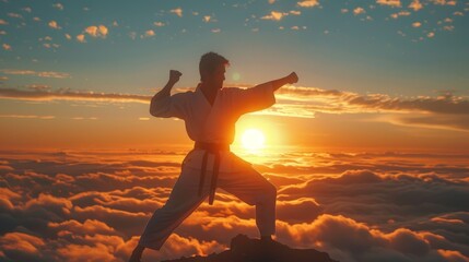 With the sun setting behind them, casting a warm glow over the clouds, the karate fighter's silhouette is striking and iconic, a symbol of resilience and determination against  - Powered by Adobe