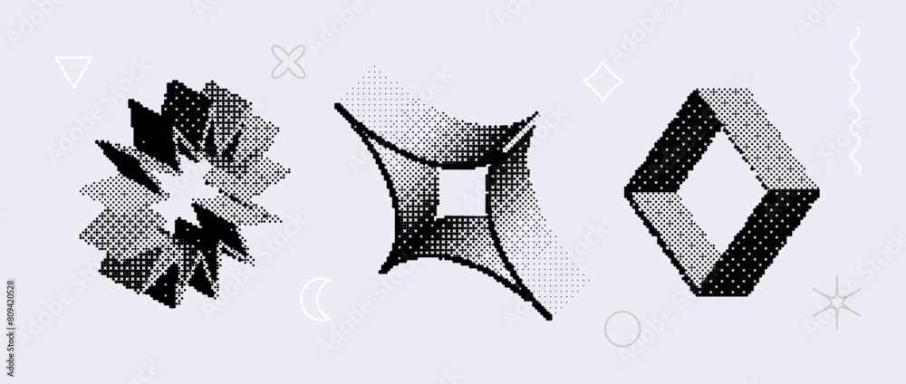 Poster Bitmap textured shape set. Dither halftone objects collection. Black 3d square, star, rhombus elements for banner, poster, leaflet. Abstract pixelated raster effect bundle. Vector pack
