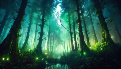 Fototapeta premium landscape of serene forest with fog