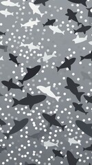 Gray and white background featuring black and white sharks swimming