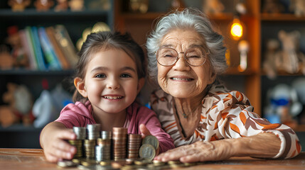 Child Saving Money with Grandmother, Family Financial Education Concept, Senior Woman and Grandchild with Coin, Generative AI


