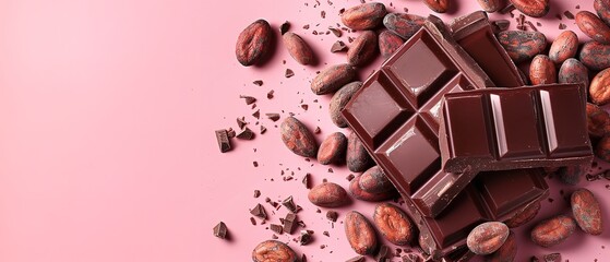 Over a pale pink backdrop, natural organic cocoa beans and shards of dark chocolate bar denote...