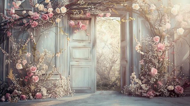 A Delicate Floral and Vintage Door Backdrop for Maternity, Wedding, and Photography Sessions, Capturing Timeless Elegance and Romantic Charm
