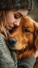 Loving Embrace Between Dog and Owner in Cozy Winter Landscape