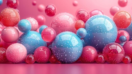Colorful spheres with water droplets on pink background