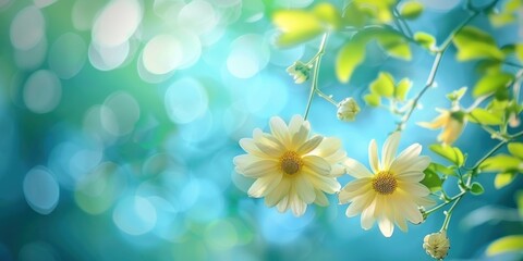 Bright blue blurred background, a daisy flower hanging from a branch, two tender yellow double daisy flowers blooming on the branch