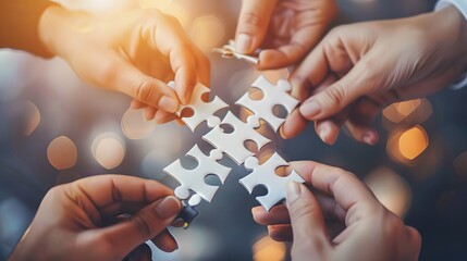 A group of people holding puzzle pieces together, symbolizing collaboration and team work for success in business or life. Close up hands with puzzle pieces connecting each other.