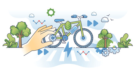 Electric bikes and bicycle powered with electricity outline hands concept. Micro mobility bike for effective and sustainable transportation in urban environment vector illustration. Cycling activity.