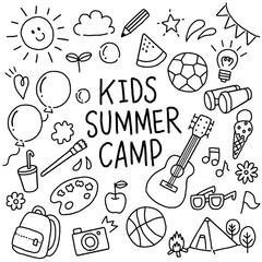 サマーキャンプの手書きイラスト　アイコンセット　モノクロ