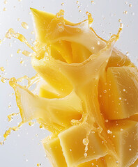 Photography a dynamic and visually captivating peeled mango piece featuring a splash of your favorite drink