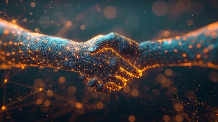 3D depiction of a digital handshake between avatars, symbolizing agreements and relationships formed online