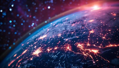 Obraz premium 3D digital web with points of light representing people across the globe, connected by vibrant threads of data