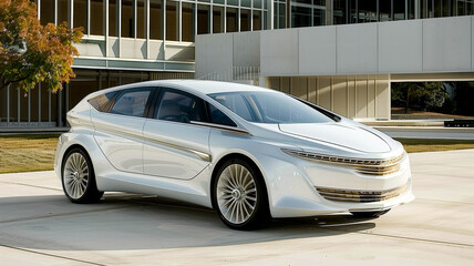 adopt a new concept MPV for its first luxury car, front quarter view, parked in front of a modern