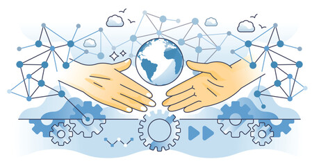 Stakeholder engagement and business communication outline hands concept. Corporative partnership and partners interaction for successful collaboration vector illustration. Agreement or deal handshake