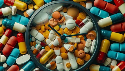 A circular pattern of pills resembling a clock, symbolizing the importance of timing in medication administration