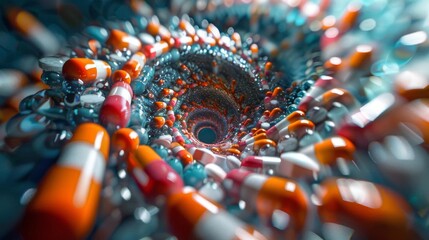 A tight spiral of pills leading inward, depicting the journey into personal health and internal medicine