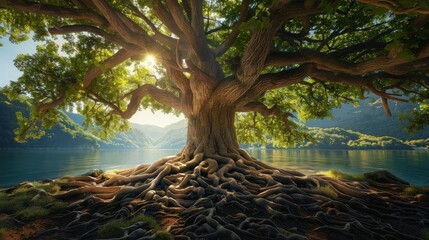A tree with deep roots and broad branches, illustrating growth, strength, and stability